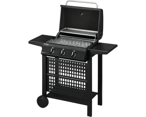 Barbecue à gaz avec trois brûleurs, grilles de cuisson, grille de maintien au chaud, tablettes latérales et châssis