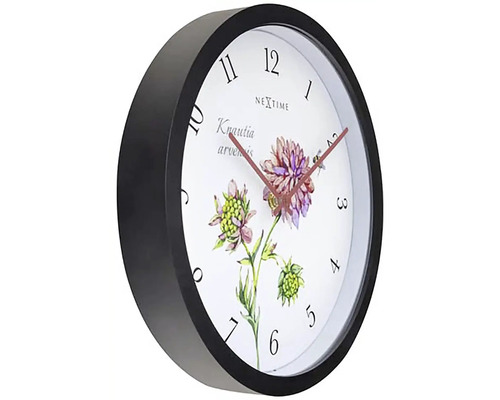 Nextime Wanduhr mit Blumenmuster und schwarzem Rahmen