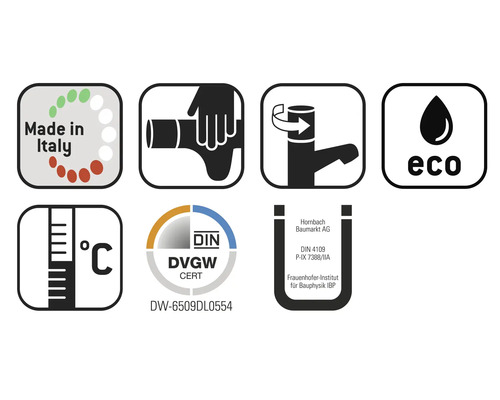 Made in Italy Siegel, Installationshinweis, Wassersparfunktion, Temperaturskala, DIN DVGW Zertifikat, Hornbach Prüfzeichen, Eco Siegel