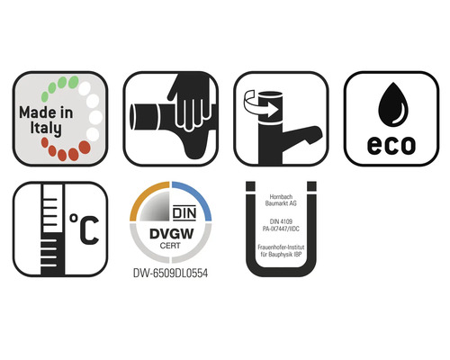 Symboles et labels : Fabriqué en Italie, instructions de montage, fonction d''économie d''eau, plage de température, Deutsches Institut für Normung, Deutscher Verein des Gas- und Wasserfaches certifié, logo Hornbach