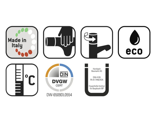 Symbole Fabriqué en Italie, symbole d''instructions de montage, symbole de fonction d''économie d''eau, symbole Eco, symbole de plage de température, label DIN DVGW CERT, logo Hornbach Baumarkt AG