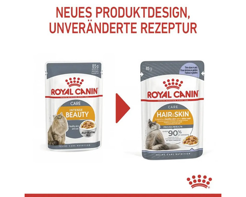 Zwei Royal Canin Katzenfutter Verpackungen, Intense Beauty und Hair and Skin, neues Produktdesign, unveränderte Rezeptur.