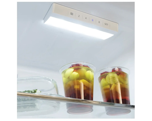 Innenraum eines Kühlschranks mit LED-Beleuchtung und Temperaturregler
