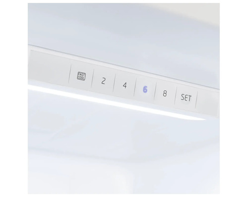 Nahaufnahme der Temperaturregelung eines Kühlschranks mit den Optionen Schnellkühlen, 2, 4, 6, 8 und Einstellen.