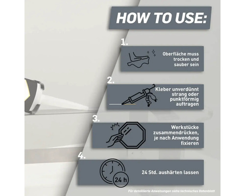 Anleitung zur Verwendung von Klebstoff: Oberfläche reinigen, Kleber auftragen, Werkstücke fixieren, 24 Stunden aushärten lassen.