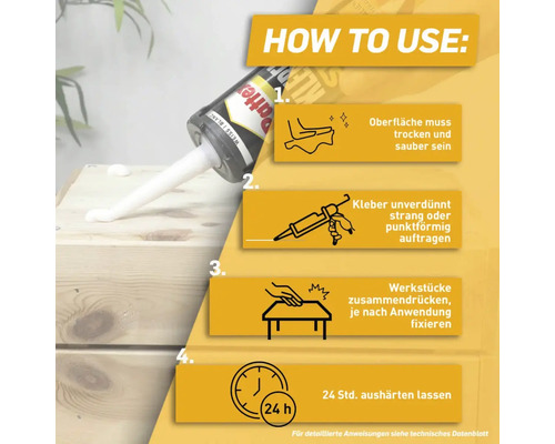 Anleitung zur Verwendung von Pattex Kleber: Oberfläche reinigen, Kleber auftragen, Werkstücke fixieren und 24 Stunden aushärten lassen.