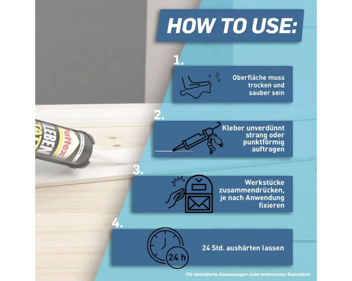 Anleitung zur Verwendung von Pattex Kleber: Oberfläche reinigen, Kleber auftragen, Werkstücke fixieren und 24 Stunden aushärten lassen.