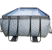 Piscine tubulaire rectangulaire avec habillage à motif de pierre gris et cadre en acier