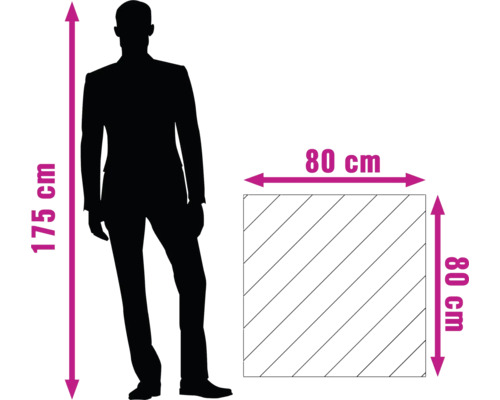 Produktgrößendarstellung mit einer Person von 175 cm Größe und einem Quadrat von 80 cm Seitenlänge.