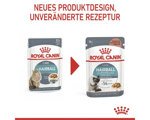 Royal Canin Logo. Zwei Katzenfutterverpackungen für Haarballenkontrolle, mit rotem Pfeil dazwischen.