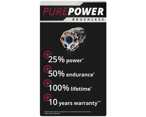 Moteur sans balais avec indications de puissance, de durée de vie et de garantie