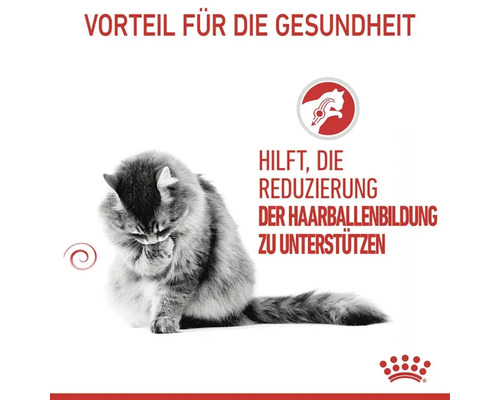 Katze putzt sich, Text weist auf Vorteil für die Gesundheit und Reduzierung der Haarballenbildung hin, Royal Canin Logo