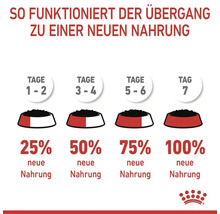 Grafik zur Umstellung auf eine neue Tiernahrung über einen Zeitraum von sieben Tagen.