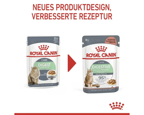 Vorher-nachher-Ansicht einer Royal Canin Katzennahrungspackung für die Verdauung