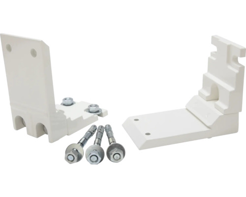 Zwei weiße Halterungen und drei Schrauben zur Befestigung