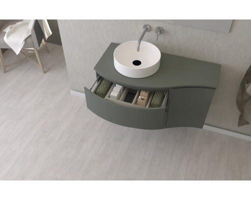 Meuble sous-lavabo avec tiroir ouvert et lavabo à poser