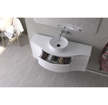Salle de bains moderne avec meuble-lavabo, vasque à poser et élément de tiroir ouvert