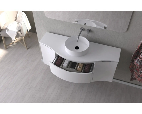 Modernes Badezimmer mit Waschtisch, Aufsatzwaschbecken und offenem Schubladenelement