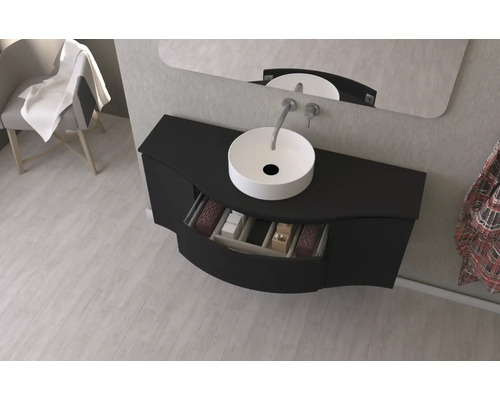 Salle de bain avec meuble-lavabo noir, vasque à poser et miroir