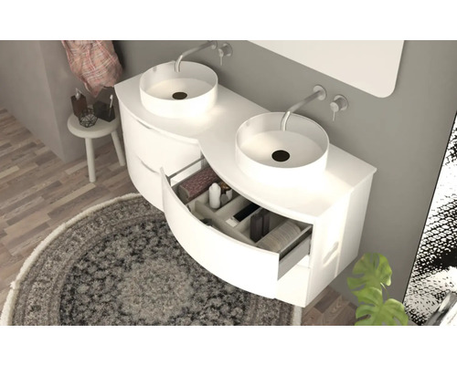 Salle de bains avec meuble-lavabo double vasque, lavabos à poser et tiroir ouvert