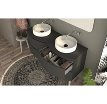 Salle de bains avec meuble-lavabo double, vasques à poser rondes et élément de tiroir ouvert