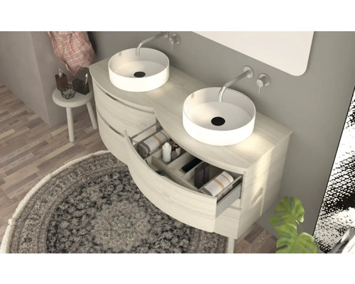 Salle de bains avec meuble sous-lavabo, vasques à poser et tiroir ouvert