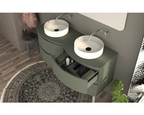 Meuble-lavabo double avec meuble sous-vasque, vasques à poser rondes et tiroir ouvert dans la salle de bains