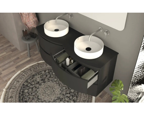 Salle de bains avec meuble sous-lavabo, vasque à poser et tiroir ouvert