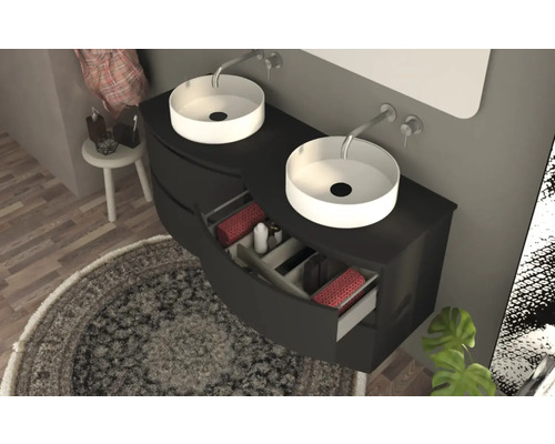 Salle de bains moderne avec double vasque, meuble sous-vasque et vasques à poser rondes.