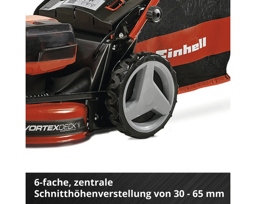 Detailansicht eines Einhell Rasenmähers mit Fangkorb und zentraler Schnitthöhenverstellung
