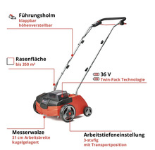 Elektrischer Rasenlüfter mit klappbarem Führungsholm und 31 cm Arbeitsbreite für Rasenflächen bis 350 Quadratmeter
