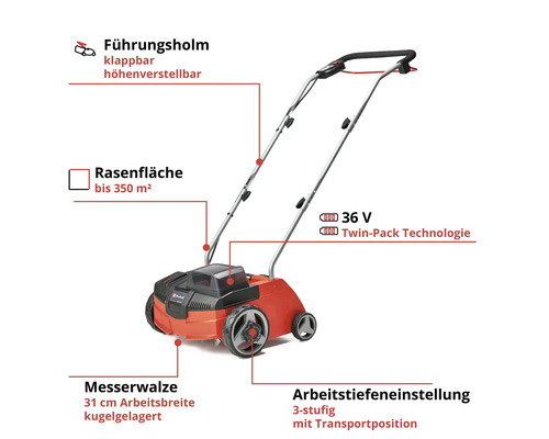 Elektrischer Rasenlüfter mit klappbarem Führungsholm und 31 cm Arbeitsbreite für Rasenflächen bis 350 Quadratmeter