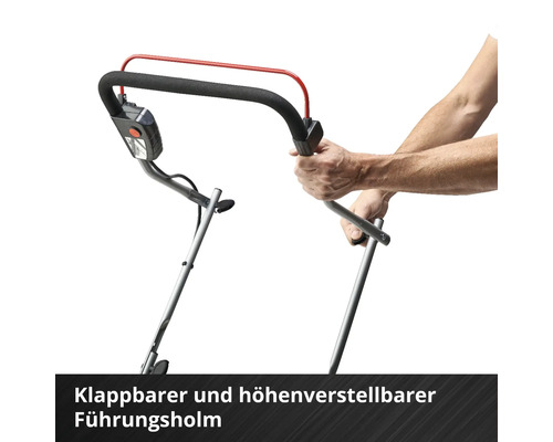 Detailaufnahme eines klappbaren und höhenverstellbaren Führungsholms eines Rasenmähers.