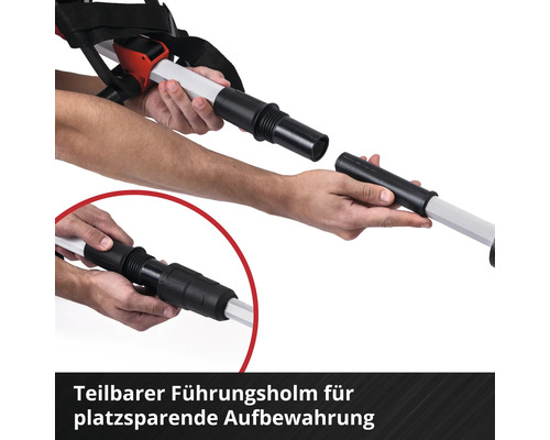 Teilbarer Führungsholm zur platzsparenden Aufbewahrung.