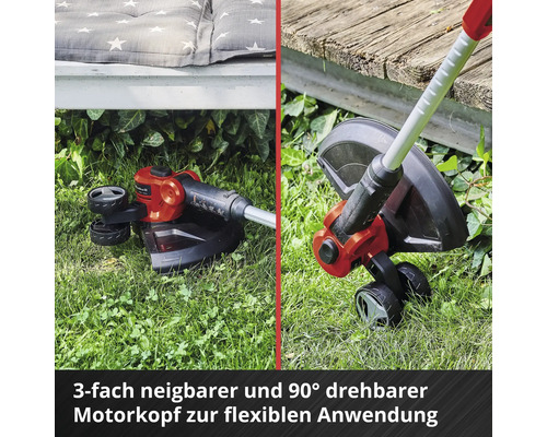 Einhell Akku-Rasentrimmer im Einsatz unter einer Bank und einem Holzsteg