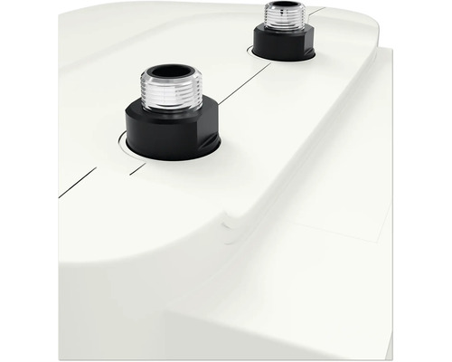 Vue détaillée d''un réservoir d''eau blanc avec deux raccords noirs