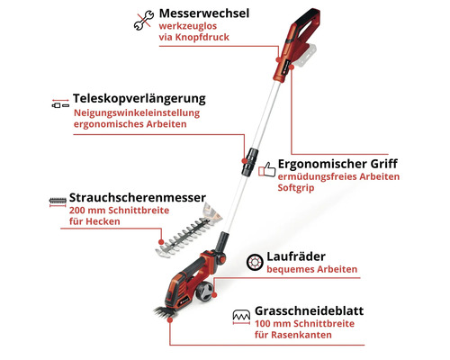 Akkubetriebene Gras- und Strauchschere mit Teleskopverlängerung und Rädern