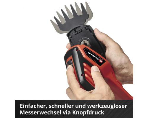 Akkuschere mit Gras- und Strauchmesser in Händen