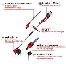Akku-Gartengeräte Set mit Heckenschere, Hochentaster, Trimmer und Sense