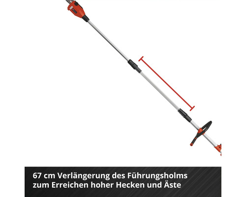 Hochentaster mit 67 Zentimeter Führungsverlängerung zur Erreichung hoher Hecken und Äste.