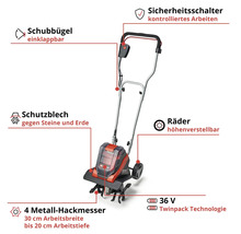 Akku-Gartenfräse mit einklappbarem Schubbügel, Schutzblech, höhenverstellbaren Rädern und Metall-Hackmessern
