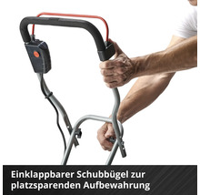 Klappbarer Schubbügel für platzsparende Aufbewahrung.
