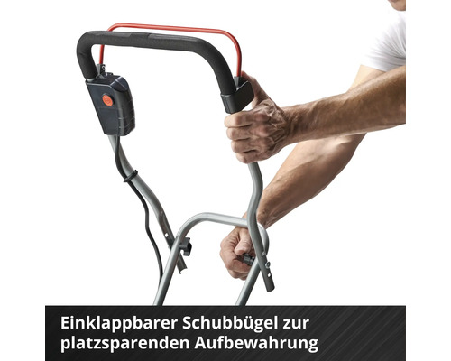 Klappbarer Schubbügel für platzsparende Aufbewahrung.