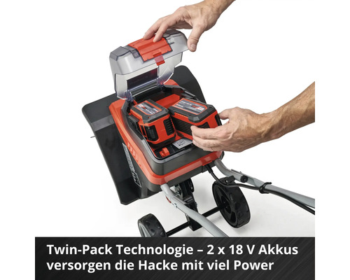 Aufsicht auf eine Motorhacke mit zwei eingesetzten Akkus