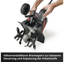Bodenhacke mit höhenverstellbarem Bremssporn zur besseren Steuerung und Anpassung der Arbeitstiefe.