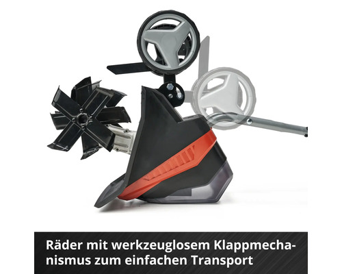 Motorhacke mit Rädern und werkzeuglosem Klappmechanismus zum einfachen Transport