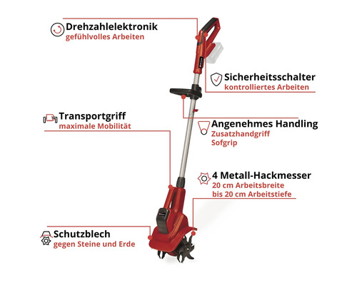 Elektrischer Kultivator mit vier Metallhackmessern, Geschwindigkeitsregelung, Sicherheitsvorrichtung, Transportgriff und Zusatzhandgriff