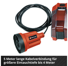 Einhell Logo. Tauchpumpe mit Kabelverbindung und Batteriegehäuse.