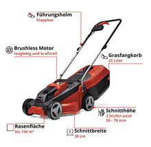 Akkurasenmäher mit klappbarem Führungsholm, 25 Liter Grasfangkorb und bürstenlosem Motor für Rasenflächen bis 150 Quadratmeter, Schnittbreite 30 Zentimeter, Schnitthöhe axial in 3 Stufen 30 bis 70 Millimeter