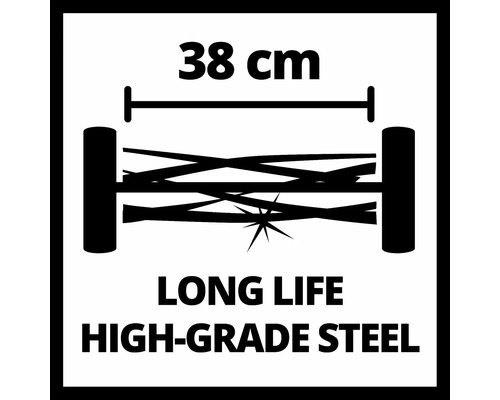 Symbole pour tondeuse à gazon avec une largeur de coupe de 38 cm en acier de haute qualité pour une longue durée de vie.